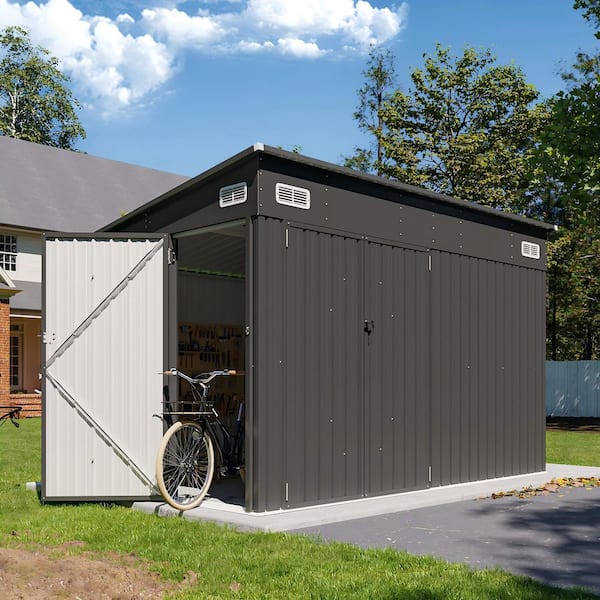 Black 10 ft. W x 8 ft. D Outdoor Lean to Storage Metal Shed with 3 Lockable Doors, Air Vents for Garden (80 sq. ft. )