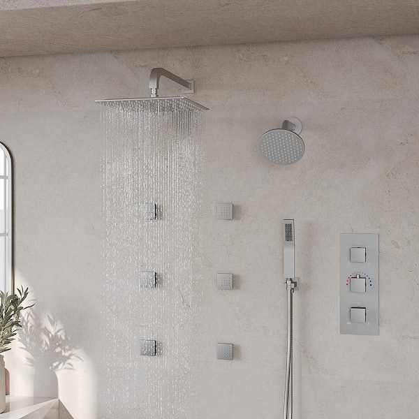 GRANDJOY ZenithRain Thermostatic Dual Showers 8-spray 12 in. Shower System with Hand Shower in Brushed Nickel Valve Included