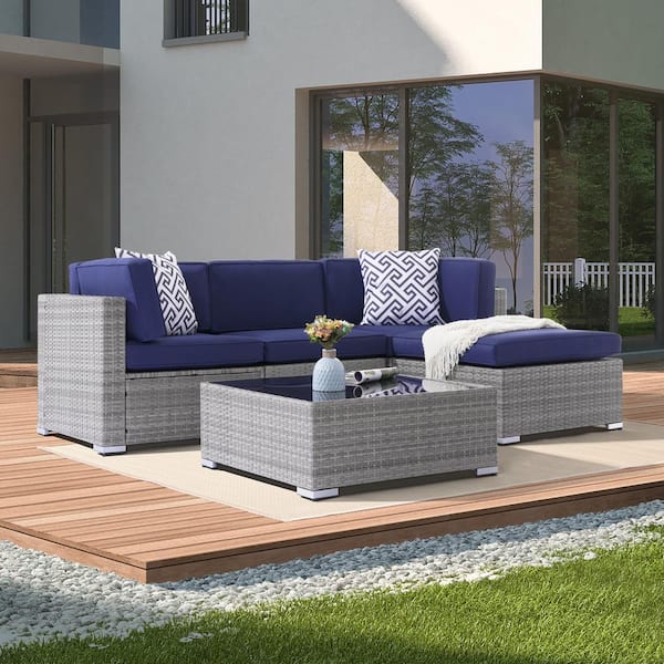 JOYESERY 5-Pieces PE Rattan Wicker Outdoor Sectional Conversation Couch Sets All-Weather Sofa Sets with Royal Blue Cushion