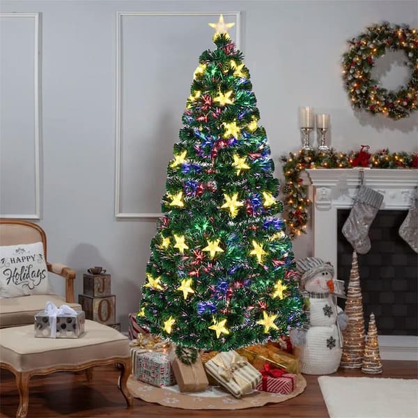 6 ft. Pre-Lit Fiber Optic Artificial Christmas Tree w/ Color-Changing Lights,Star Decorations and A Foldable Metal Stand