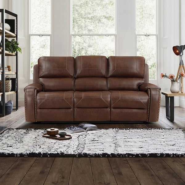 Logansport 87 in. W Straight Arm Faux Leather Rectangle Double Reclining Sofa with Center Drop-Down Cup Holders in Brown
