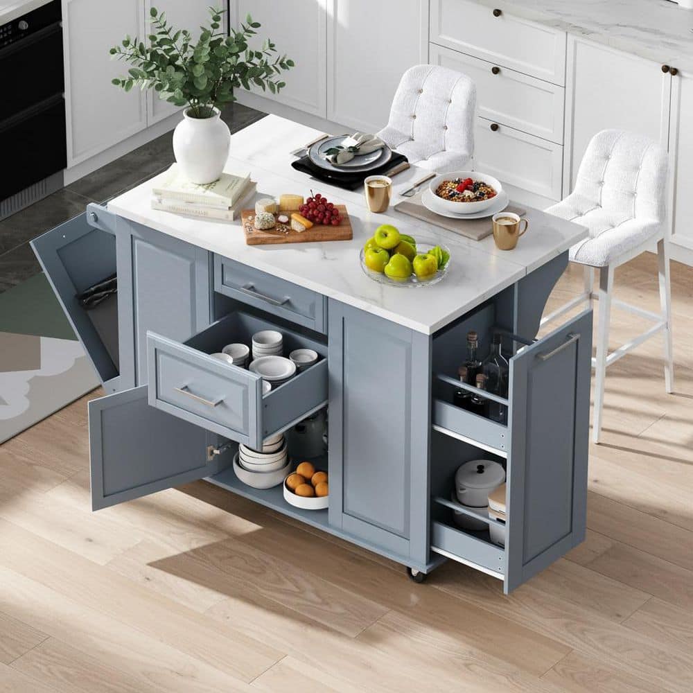 Modern Gray Blue Wood 50.7 in. Power Outlet 2-Drawer Kitchen Island with Pull Out Cabinet Organizer and Tilt Trash Can