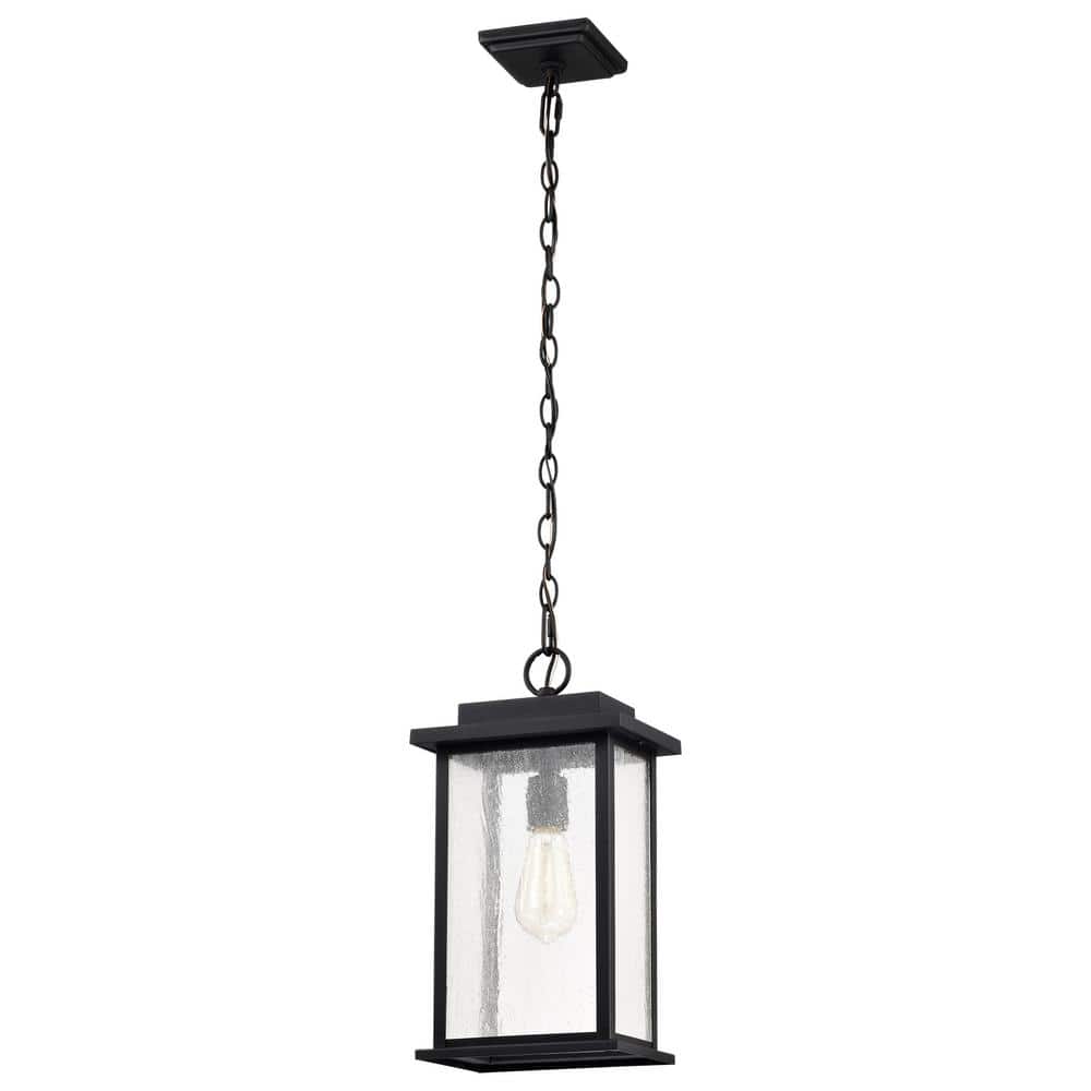 Sullivan Matte Black Clear Seeded Glass Outdoor Pendant Light