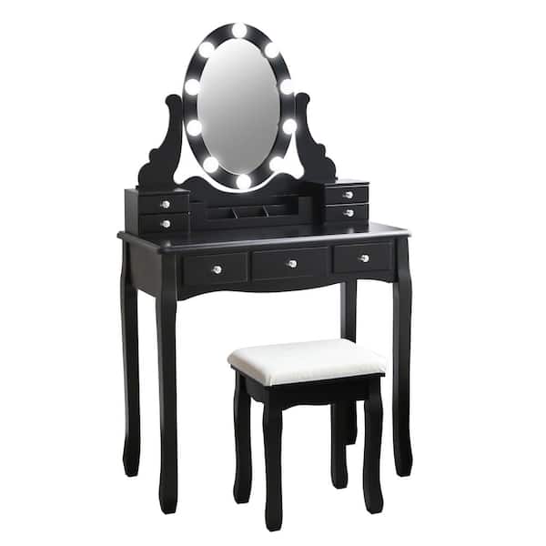 VEIKOUS Black Wooden Bedroom Vanity Sets Makeup Table With Oval LED Light Mirror and Stool