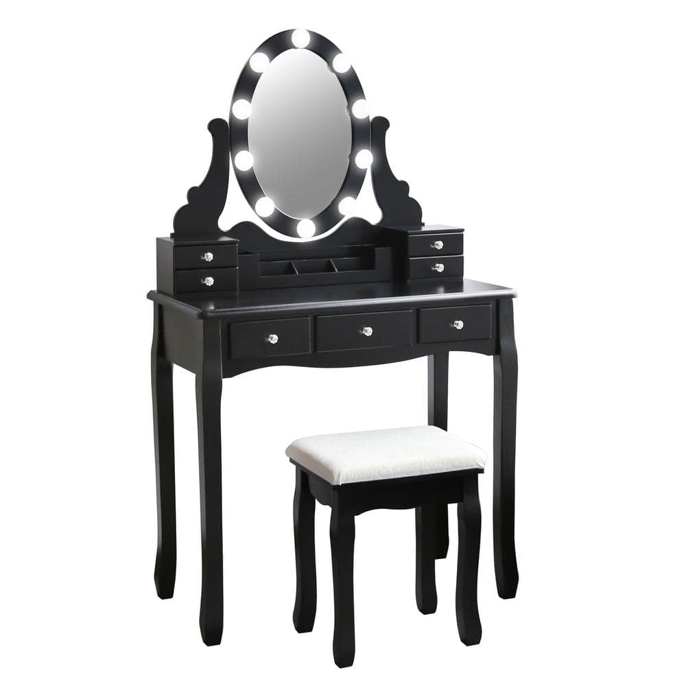 VEIKOUS Black Wooden Bedroom Vanity Sets Makeup Table with Oval LED Light Mirror and Stool