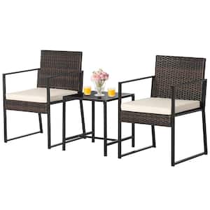 3 Pieces Patio Furniture Set Hand-Woven PE Wicker Chairs with Tempered Glass Coffee Table & Soft. Cushions Off White