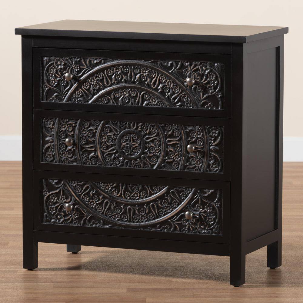 Yelena Traditional Black Wood 3-Drawer Storage Cabinet