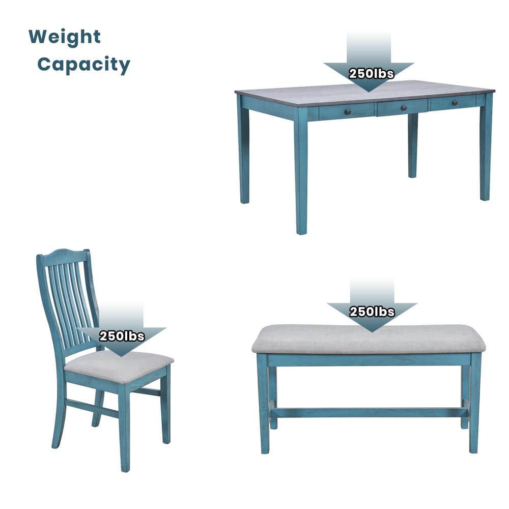 Antique Blue 6-Piece Wood Dining Set with Slat Back Chairs and Bench