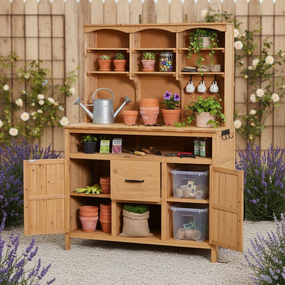 45.3 in.W x 20.5 in.D Natural Wooden Potting Bench with Drawers, Bottom Cabinet price history on PriceWatchPro