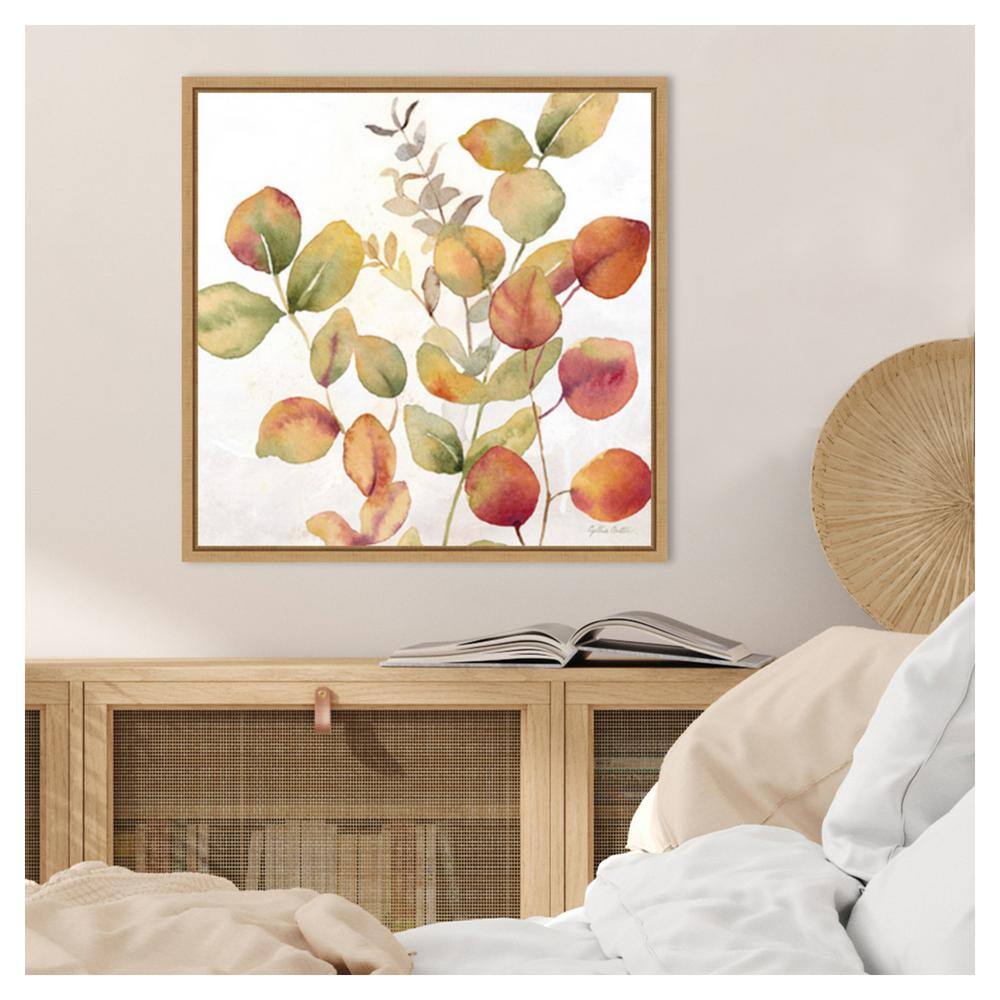Eucalyptus Leaves Fall I Watercolor Canvas Print with Maple Frame