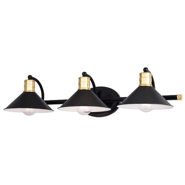 VAXCEL Akron 28 in. 3-Light Vanity Light Matte Black with Gold Brass Accents Industrial Bathroom Wall Fixture - Metal Shades