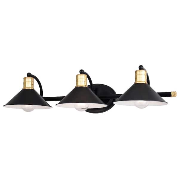 Akron 28 in. W 3-Light Matte Black and Natural Brass Vanity Light Fixture Industrial Metal Shade Bathroom Wall Lighting
