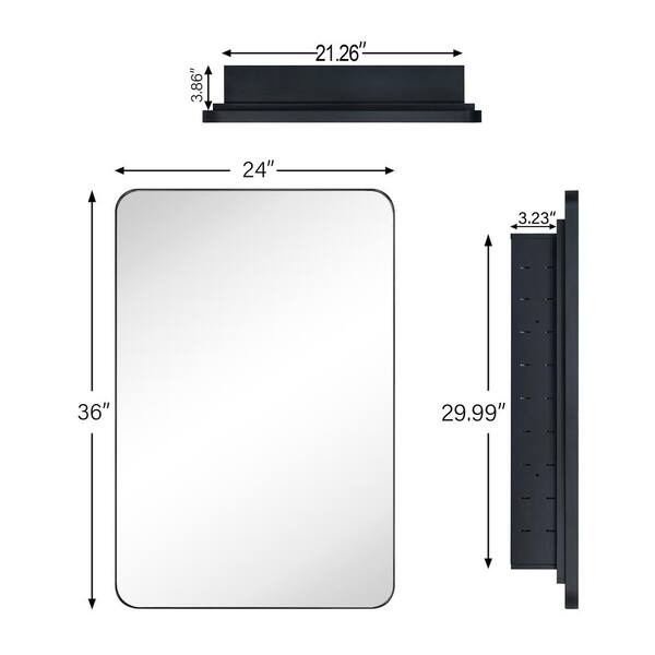 TEHOME WH 24 in. W x 36 in. H Rectangular Stainless Steel Recessed Framed Medicine Cabinet with Mirror in Matt Black