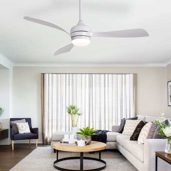 52 in. Indoor/Outdoor White LED Downrod Ceiling Fan with 3-White Blades, Light Kits, Reversible DC Motor and Remote
