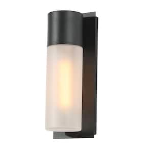 1-Light Modern Black Cylinder Non-Solar Hardwired Outdoor Wall Lantern Sconce with Frosted Glass Shade