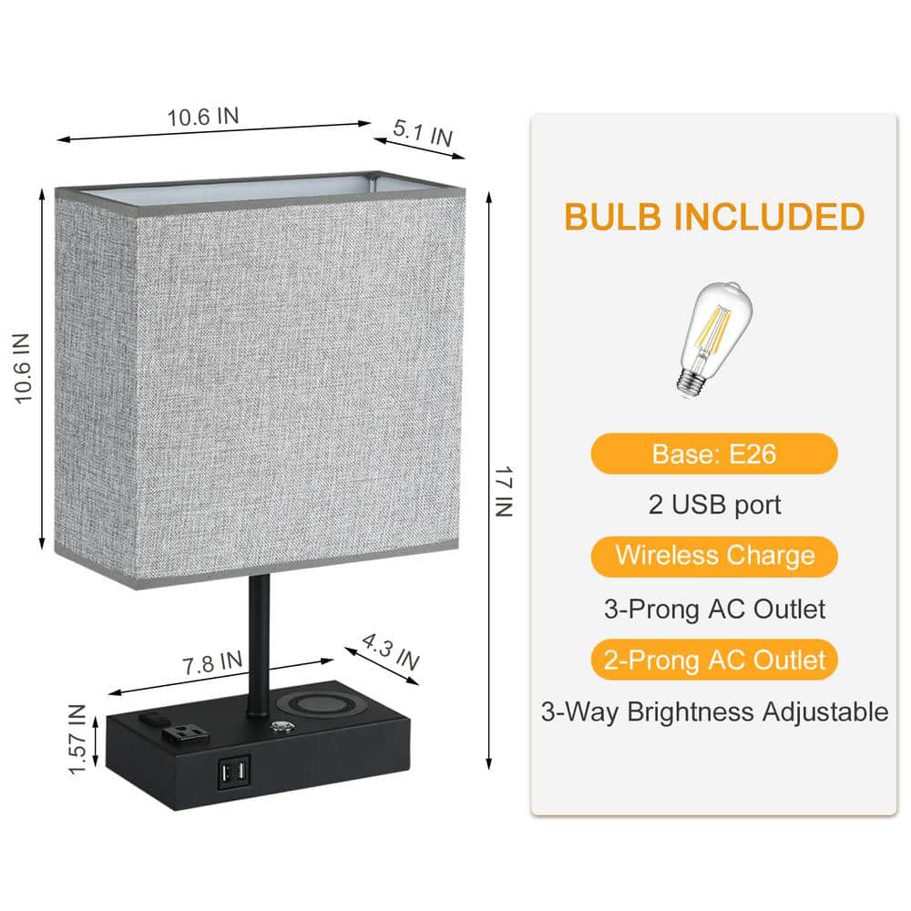 17 in. Black Wireless Charging Table Lamp with USB Port