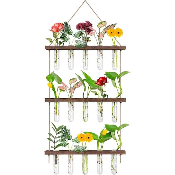 EVEAGE 4.3 in. Test Tubes Wall Hanging Planter Terrarium with Wooden Stand, 3 Tiered Propagation Test Tube (16-Pieces)