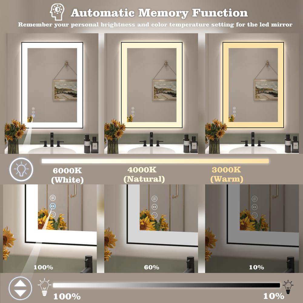 28" x 20" Black Aluminum Rectangular LED Bathroom Mirror