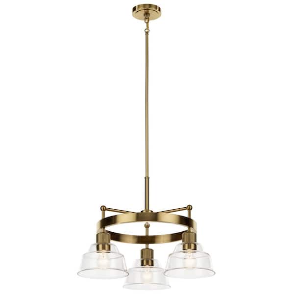 KICHLER Eastmont 23.25 in. 3-Light Brushed Natural Brass Vintage Industrial Shaded Circle Chandelier for Dining Room