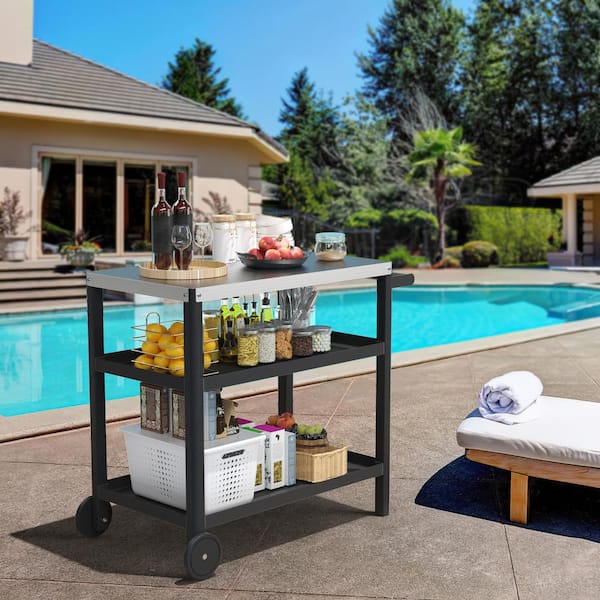 Runesay Outdoor Prep Cart Dining Table Patio Grilling Backyard BBQ Grill Cart for Pizza Oven in Black