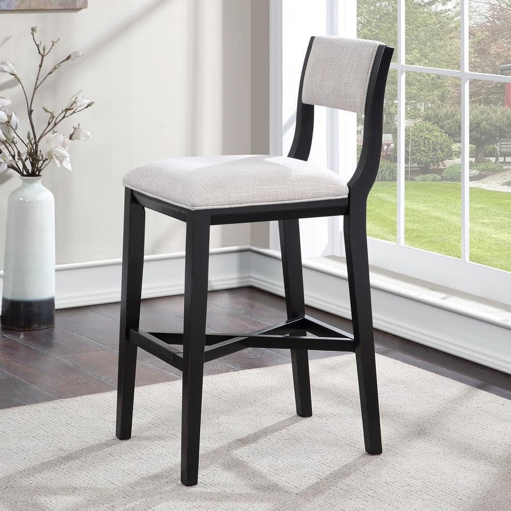 Gray Wood Transitional Bar Stool with Upholstered Seat