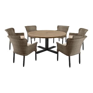 Devenwood 7-Piece Wicker Outdoor Dining Set with CushionGuard White Cushions