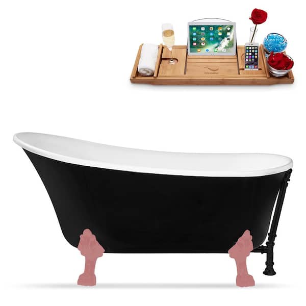 Streamline 67 in. x 31.5 in. Acrylic Clawfoot Soaking Bathtub in Glossy Black with Matte Pink Clawfeet and Matte Black Drain