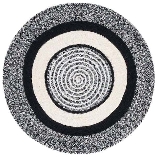 Braided 3 ft. x 3 ft. Round Black/Ivory Farmhouse Braided Rings Area Rug
