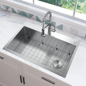 Professional Zero Radius 33 in. Drop-In Single Bowl 16 Gauge Stainless Steel Kitchen Sink with Spring Neck Faucet