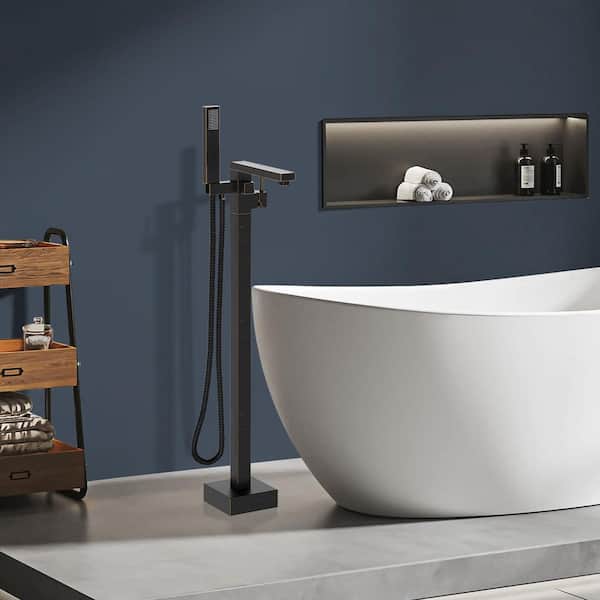 Single-Handle 90-Degrees Freestanding Tub Faucet with Hand Shower Head in Venetian Bronze