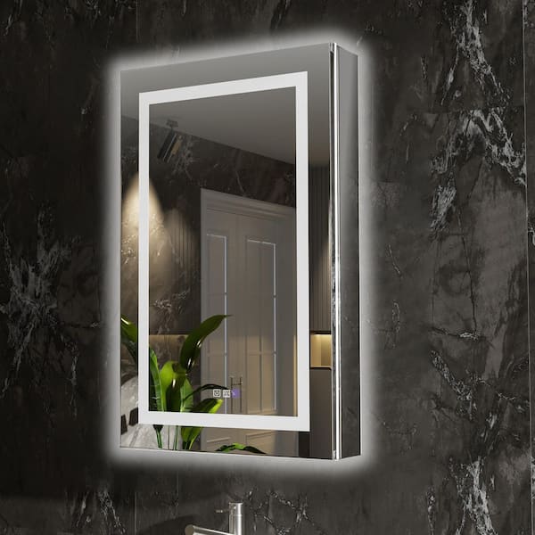 AZDHOME 24 in. W x 36 in. H Rectangular Silver Aluminum Recessed/Surface Mount LED Medicine Cabinet with Mirror, Left Hinge