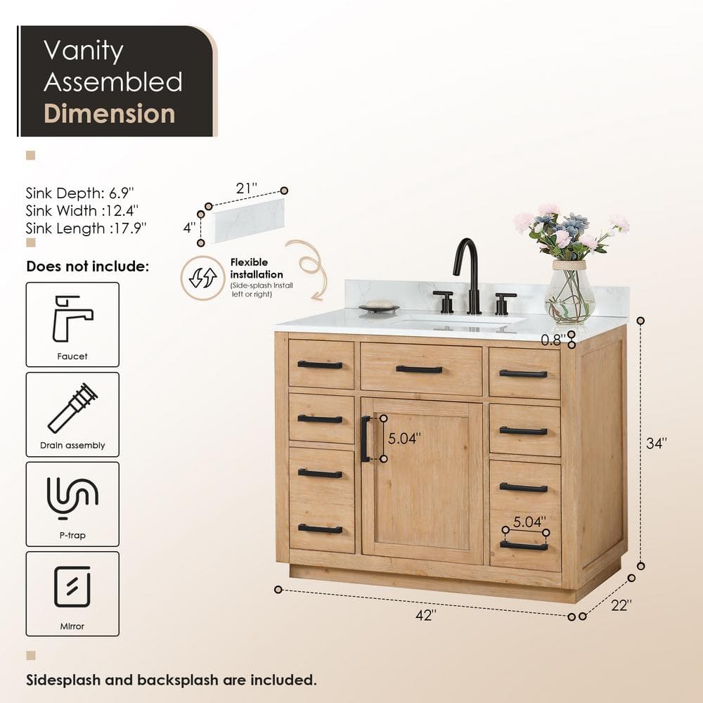 Gavino 42" Light Brown Wood Vanity with Composite Stone Top