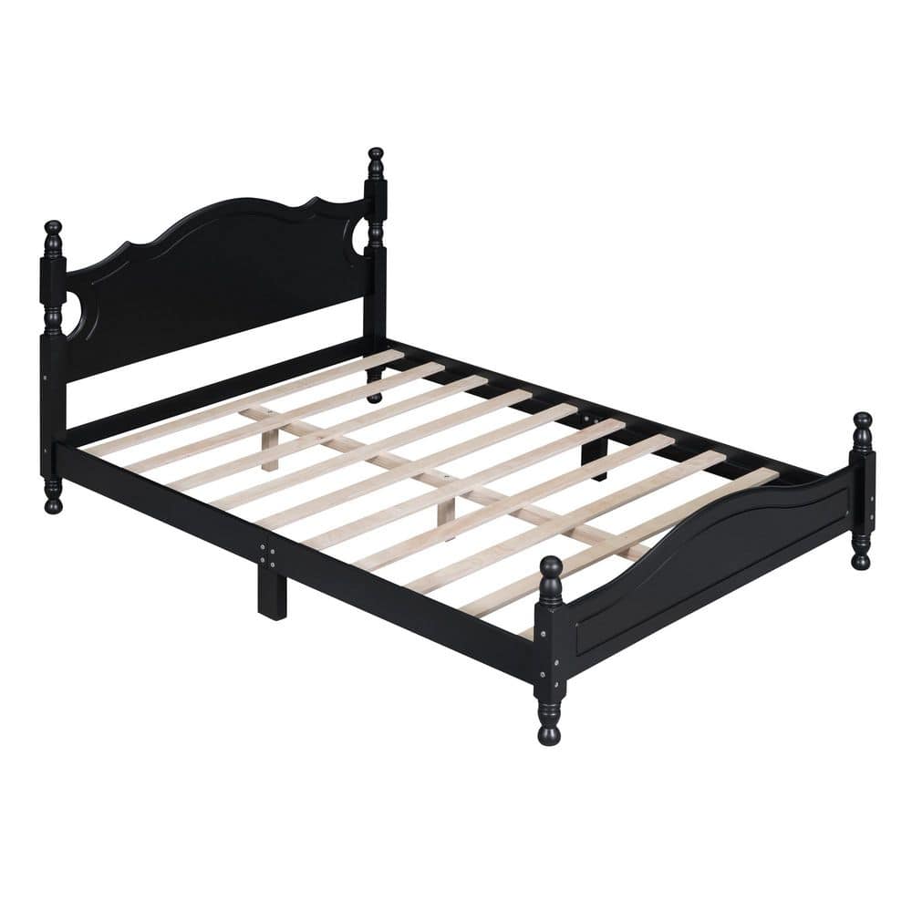 Black Wood Frame Full Size Platform Bed with Wooden Slat Support Sturdy Mattress Foundation