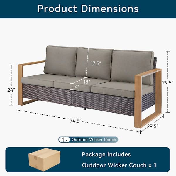 Kove Brown Wicker 1-Piece Outdoor Seactional Couch 3-Seat High Back Patio Sofa with Gray Cushion for Porch Backyard