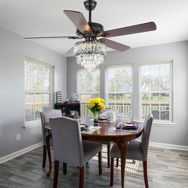 Luminelle 52 in. Indoor Black Luxury Crystal Ceiling Fan with Lights and Remote, 6 Speeds Reversible Caged Ceiling Fan