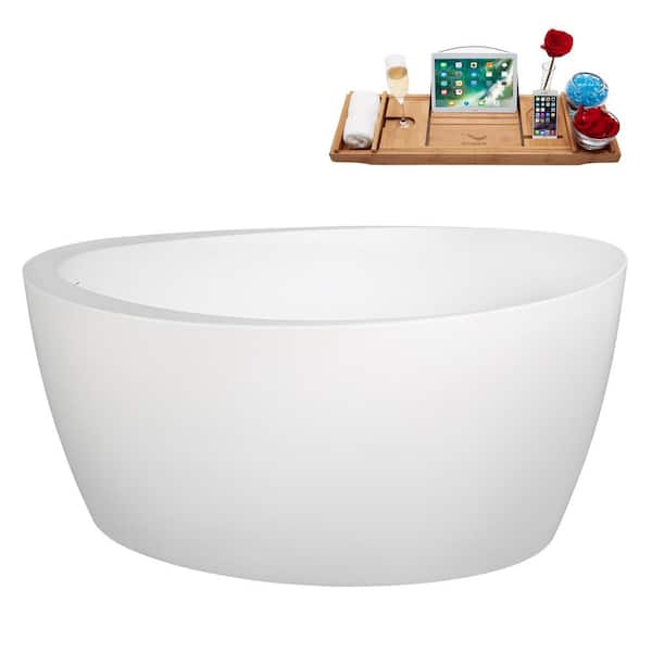 Streamline 59 in. x 32 in. Acrylic Freestanding Soaking Bathtub in Glossy White with Matte Oil Rubbed Bronze Drain, Bamboo Tray