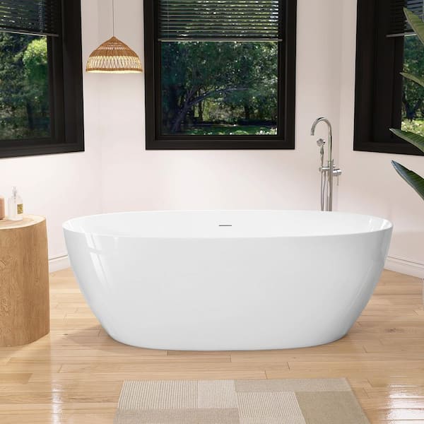 67 in. x 32 in. Acrylic Freestanding Tub White Free Standing Stand Soaking Bathtub Flat Bottom with Chrome Center Drain