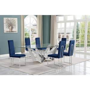 Meryl 7-Piece Rectangular Glass Top Stainless Steel Dining Set With 6 Navy Blue Velvet Fabric Chrome Iron Leg Chairs