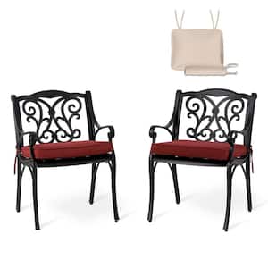 Set of 2 Cast Aluminium Dining Chairs with Wine Red Cushions and Alternative Beige Cushion Covers, Olefin Fabric