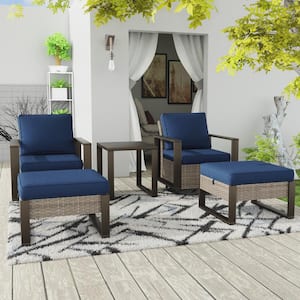 5-Piece Wicker Outdoor Sectional Sofa Set Swivel Rocking with Blue Cushions