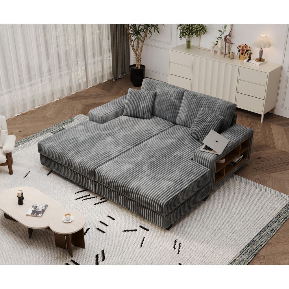 Isaac 79.5 in. Dark Gray Corduroy Upholstered Sleeper Queen Size Sofa Bed Double Chaise Lounge with Storage Arms,Pillows