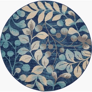 Tranquil Navy Blue 5 ft. x 5 ft. Floral Modern Round Area Rug
