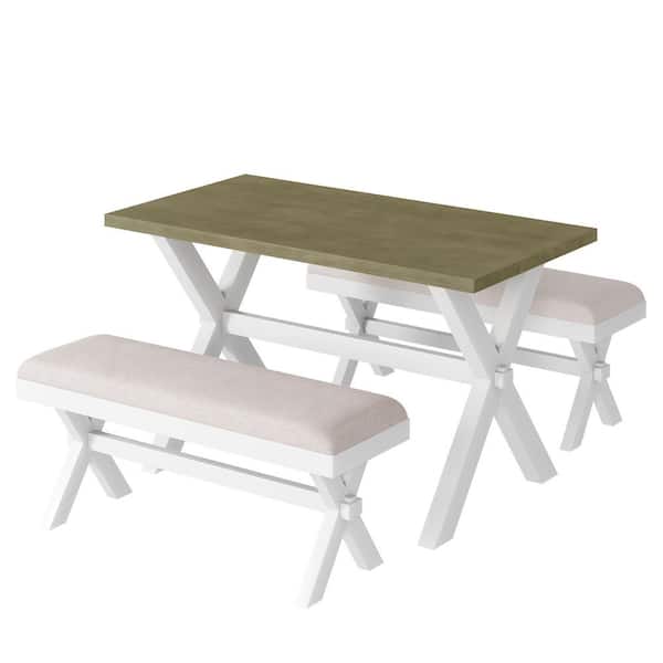 maocao hoom 3-Pieces White Wood Dining Set with 2-Upholstered Benches