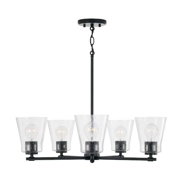 Baker 27 in. W x 8 in. H 5-Light Matte Black Chandelier with Clear Seeded Glass and No Bulbs Included