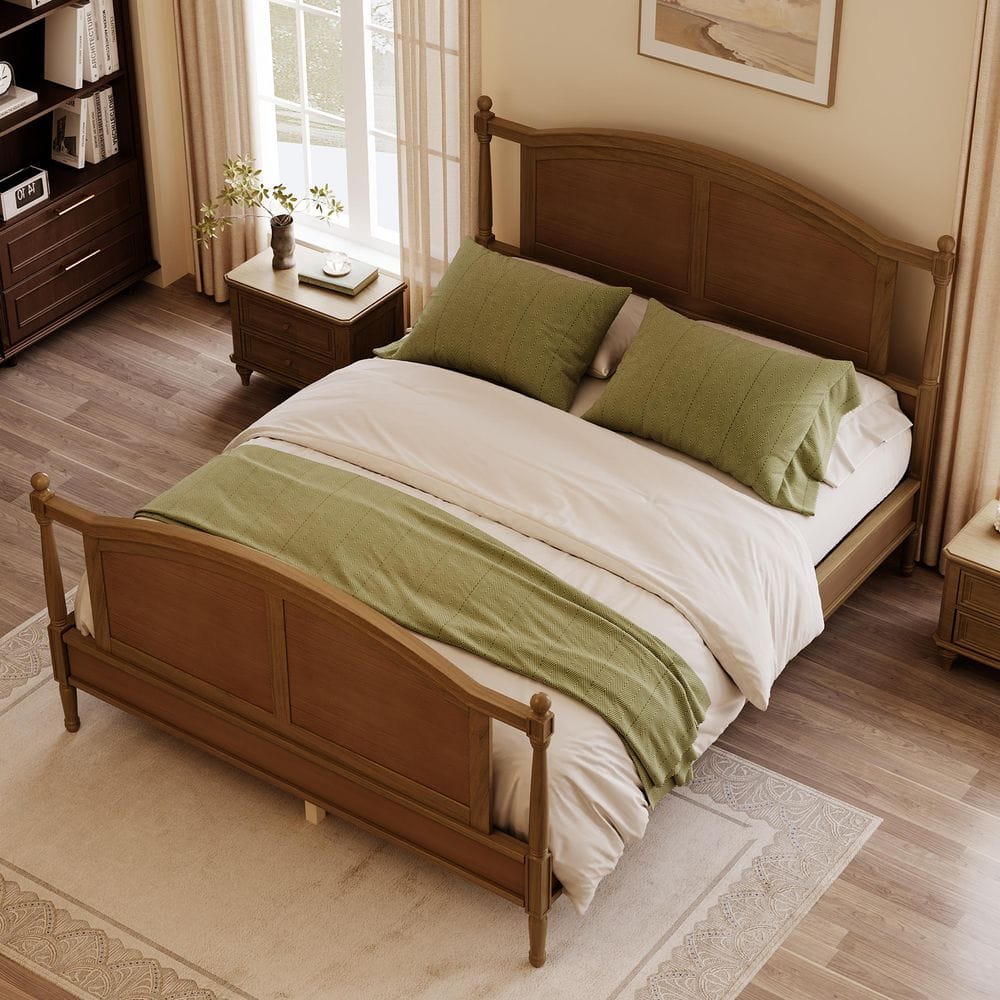 Walnut Brown Wood Frame Queen Size Platform Bed with Headboard, Footboard