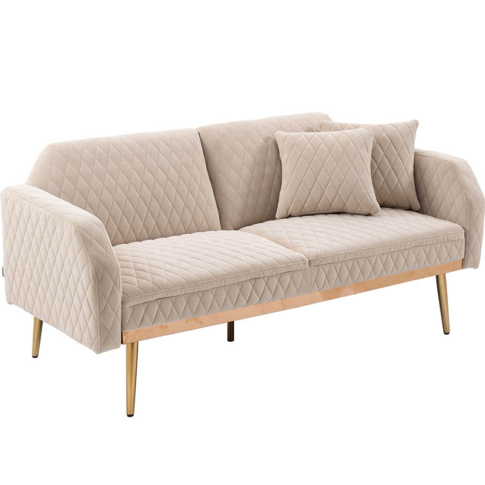 66.14 in. Beige Velvet Sofa, Accent Sofa Loveseats Sofa with Rose Gold