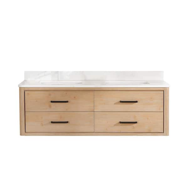 ROSWELL Cristo 60 in. W x 22 in. D x 20.6 in. H Double Sink Bath Vanity in Fir Wood Brown with White Quartz Stone Top