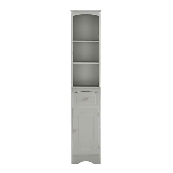 cadeninc 13.4 in. W x 9.1 in. D x 66.9 in. H Gray MDF Bathroom Linen Cabinet with Drawer and Adjustable Shelves