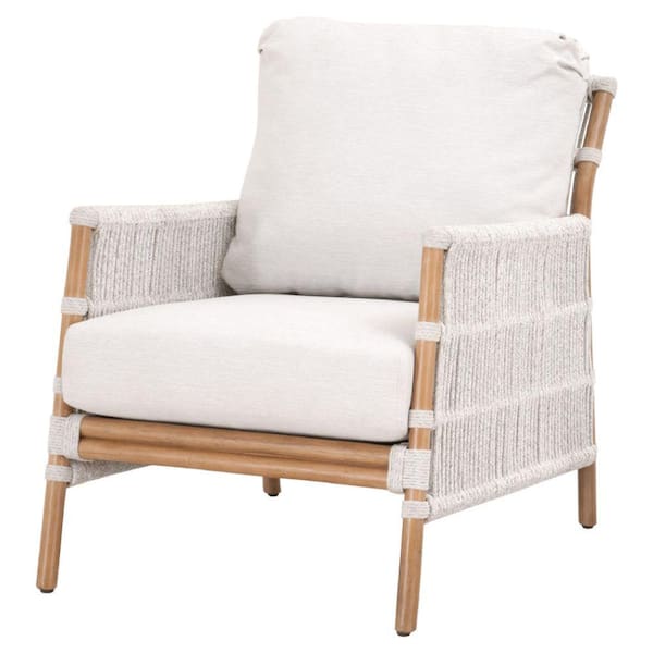 Benjara White Fabric Arm Chair with Rattan Frame