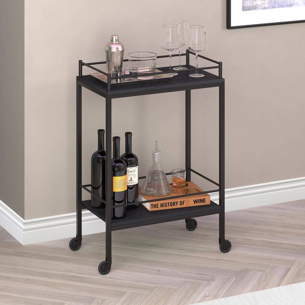Barnes Black Grain Wood-Finish & Bronze Frame Bar Cart with Storage